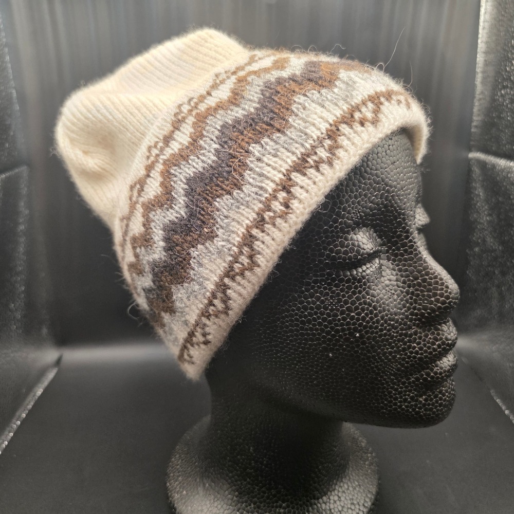 Varma Icelandic Wool Beanie Mens Fair Isle Knit Winter Hat Cream Brown Grey